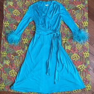 19070s ILGWU Tag Wrap Style Dress with Feather Sleeves